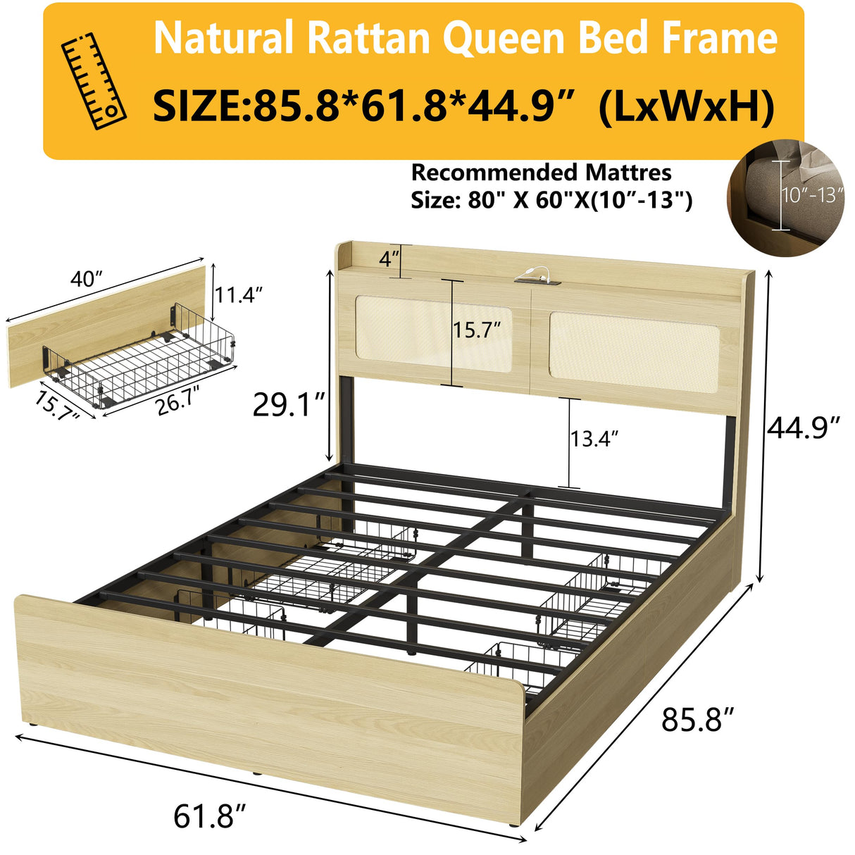 PAKASEPT Queen Bed Frame with Natural Rattan Headboard and Wooden 4 Storage Drawers, Metal Platform Boho Bed Frame, Built in Charging Station & LED, Noise-Free/Metal Support/No Box Spring Needed PAKASEPT