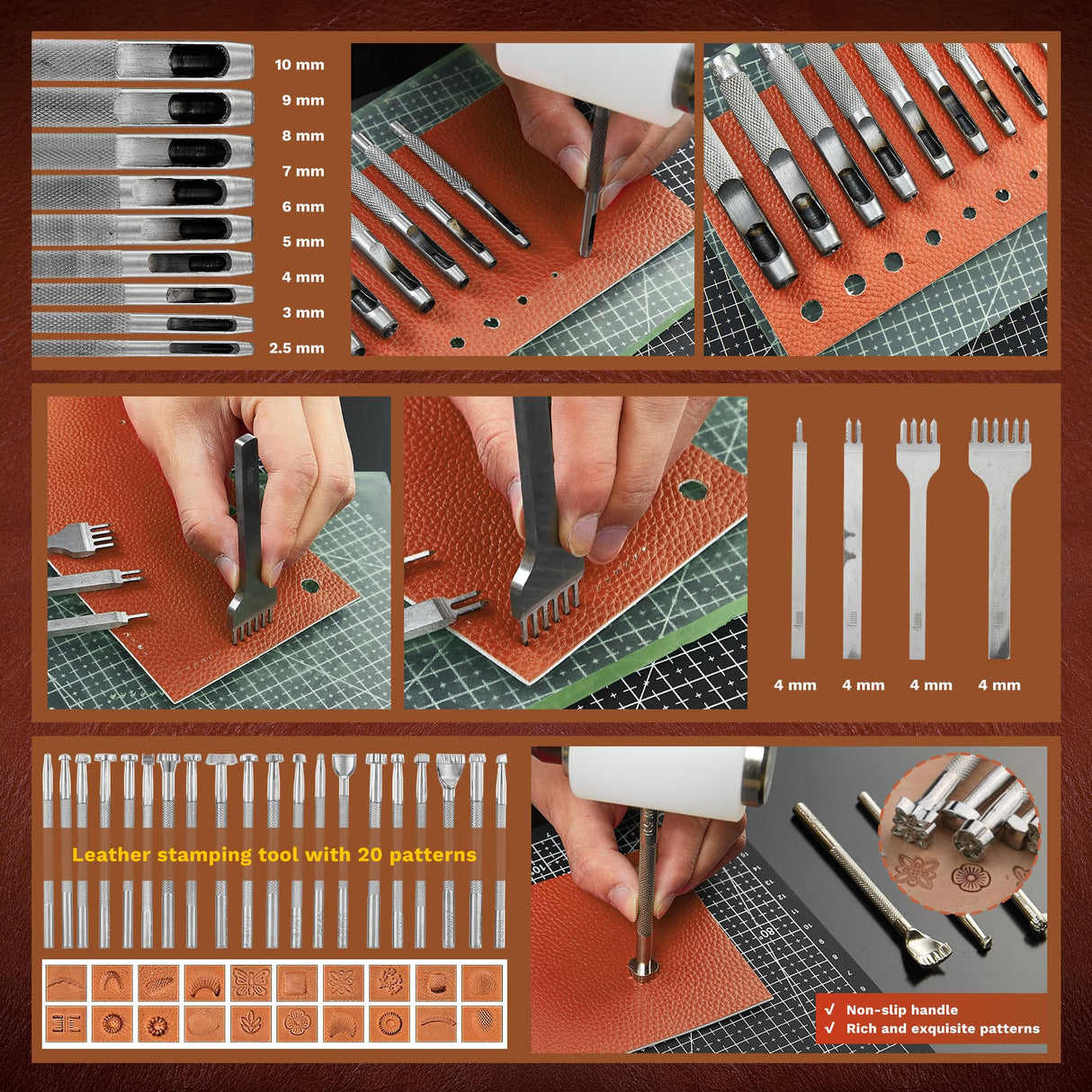 SAKERNEO Professional Leather Working Tools Kit with 52 Stamping Molds, Multi-Size Hole Punch Tool, Engraving/Cutting Mats & Rivet Accessories,Leather Crafting Kit for DIY, Repair & Stitching SAKERNEO