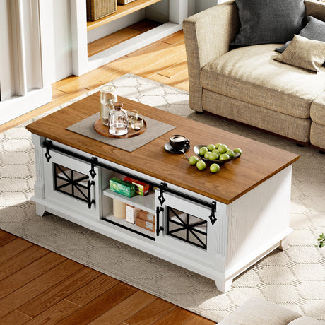 IRONCK 48'' Coffee Table with Sliding Barn Doors, Rustic Center Table with 6 Large Storage Space, Glass Doors and Adjustable Middle Shelf, Farmhouse Coffee Tables for Living Room, White IRONCK