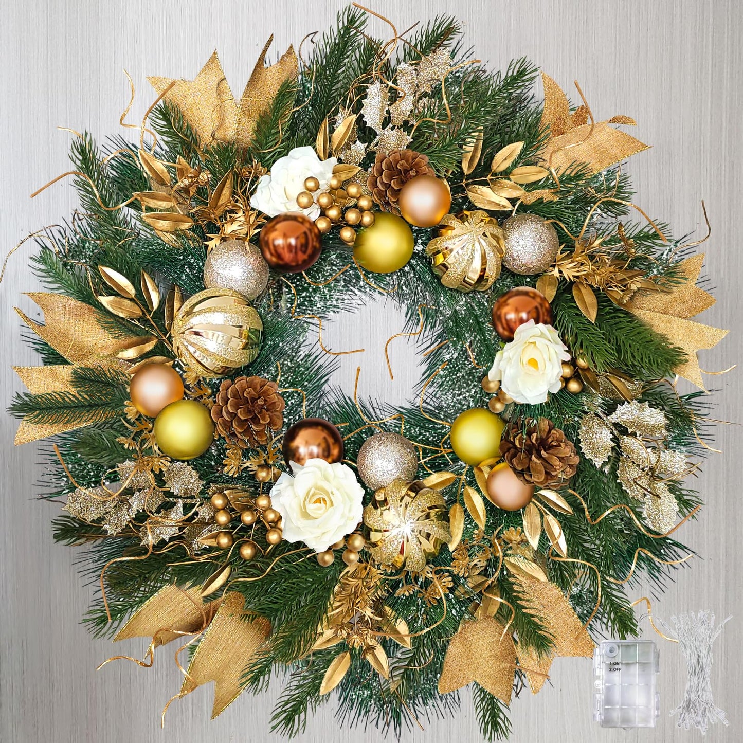 Christmas Wreaths for Front Door with Lights,24 inch Gold Large Christmas Wreaths Outdoor,Decorated with Christmas Ball,Pine Cones,Branches,Rose,Ribbon,Berry for Thanksgiving Fall Winter Decor