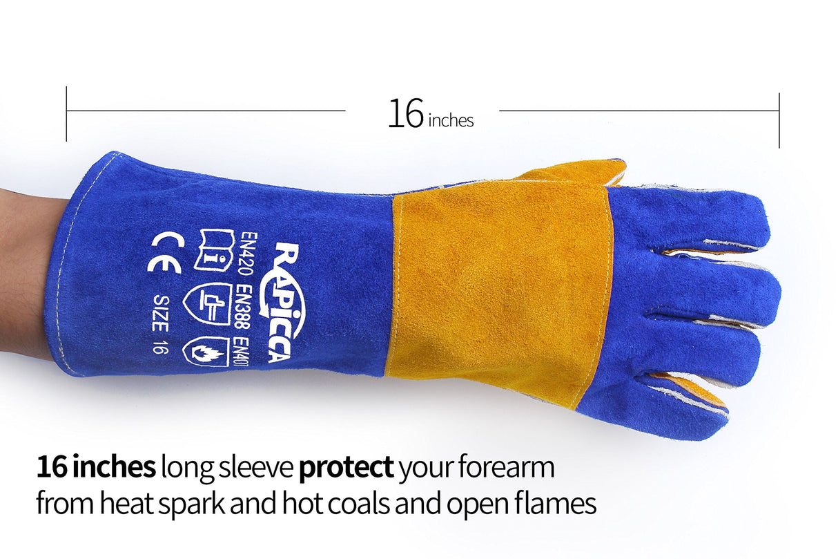 RAPICCA Welding Gloves Fire Heat Resistant: Blue 16IN 932℉ - Fireproof Leather For Stick Mig Flux-Core Welder Forge Blacksmith Fireplace Wood Stove Fire Pit Furnace Handling Dry ice - One Size RAPICCA