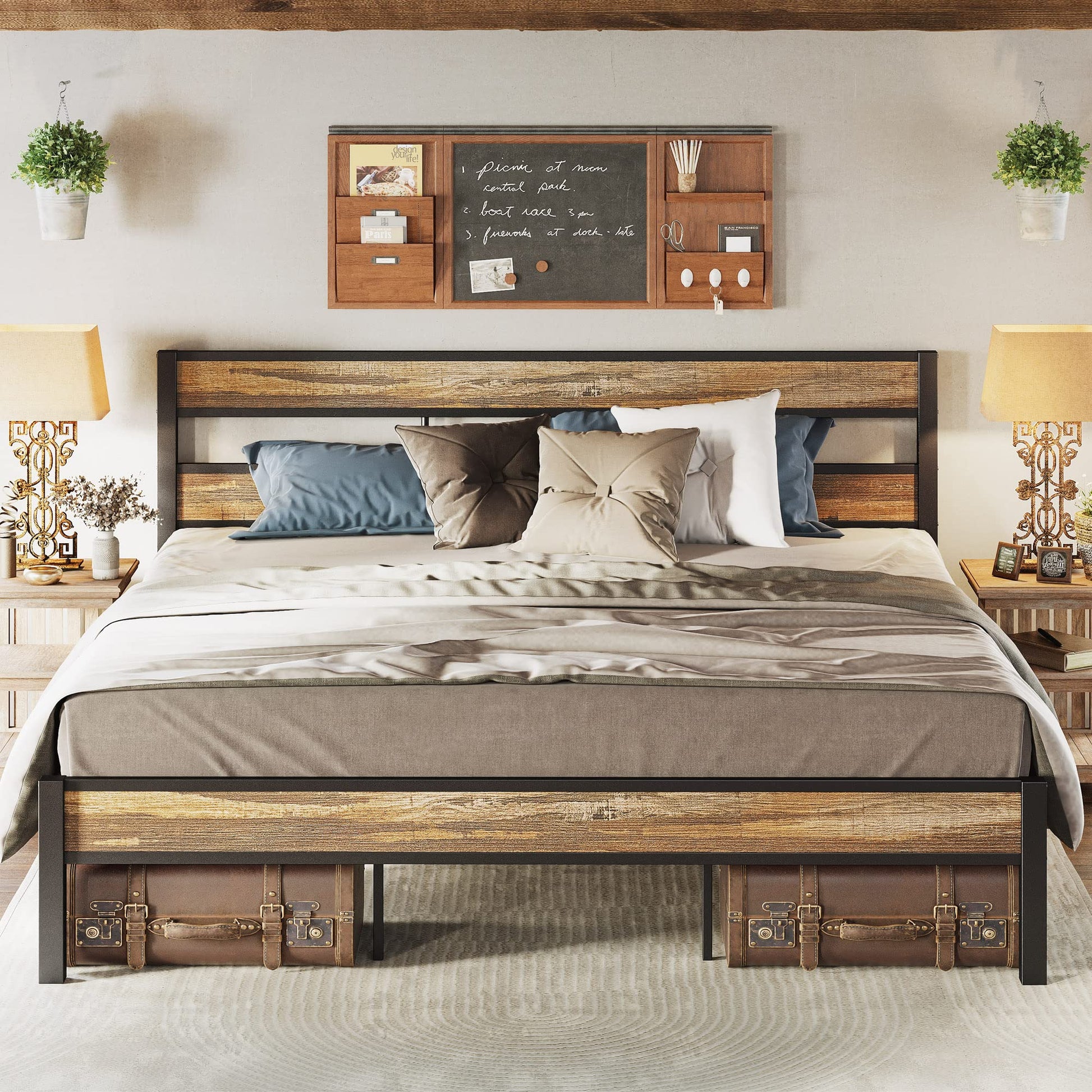 Rustic Brown LIKIMIO King Bed Frame with Headboard – Easy Assembly, Noise-Free, No Box Spring Required - WoodArtSupply