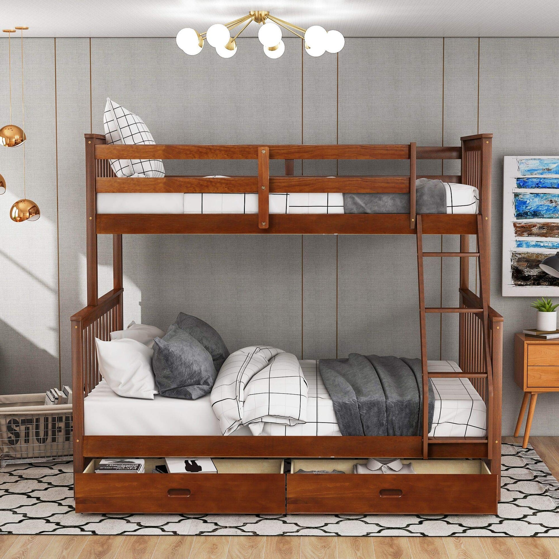 MERITLINE Walnut Twin Over Full Bunk Bed with Storage Drawers - Safe, Stylish, and Space-Saving for Kids and Teens - WoodArtSupply