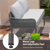 Merax 6 Piece Rope Patio Furniture L-Shaped Set, Outdoor Sectional Sofa Set with Acacia Wood Table with Ice Box, Rope Benches, Rope Conversation Set with Deep Seating & Thick Cushion for Couch,Grey Merax