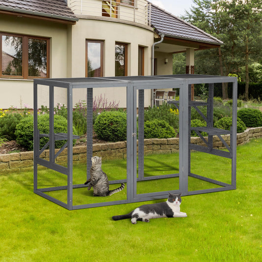 OELUBBY Large Cat Cage Enclosure Wooden Pet Run House with Waterproof Asphalt Planks, 71'' x 32'' x 44'' Animals Outdoor Cat Catio with 3 Activity Platforms, Grey - WoodArtSupply