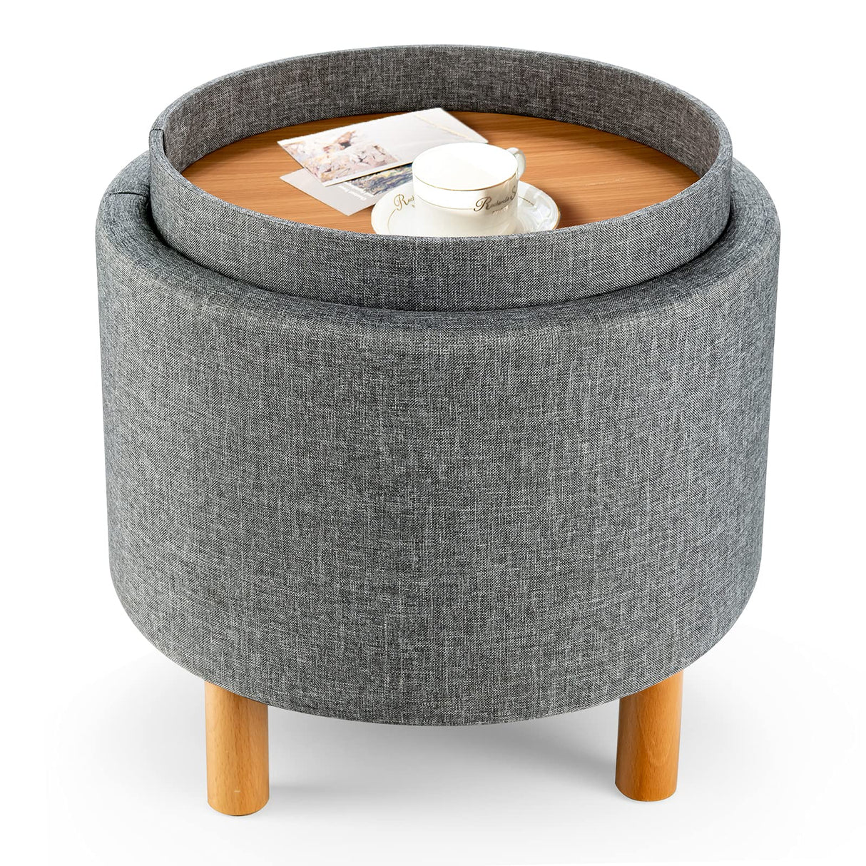 Giantex Round Storage Ottoman with Tray, Accent Storage Footstool w/Soft Padding, Fabric Sitting Stool w/Solid Wood Legs & Non-Slip Pads, Tray Top Coffee Table for Living Room, Bedroom (Grey) Giantex