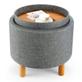 Giantex Round Storage Ottoman with Tray, Accent Storage Footstool w/Soft Padding, Fabric Sitting Stool w/Solid Wood Legs & Non-Slip Pads, Tray Top Coffee Table for Living Room, Bedroom (Grey) Giantex