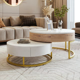 Modern Round Lift-top Nesting Coffee Tables with 2 Drawers for Living Room White & Natural Flieks