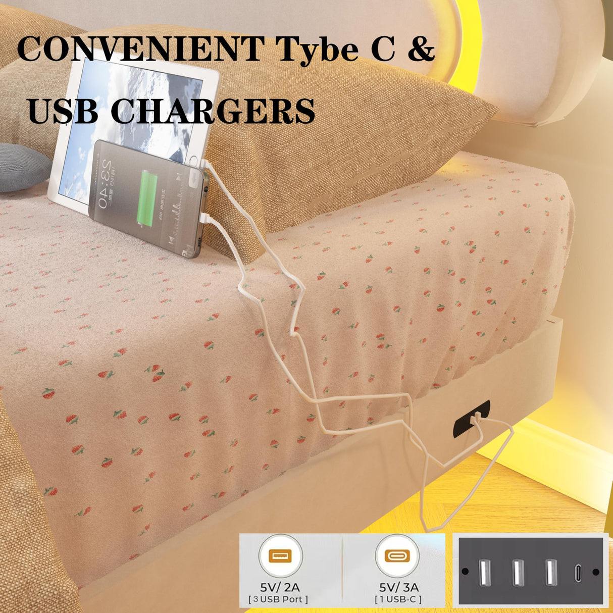 Muluflower Off-White Velvet Twin Floating Bed Frame with LED Lights and Charging Station Muluflower