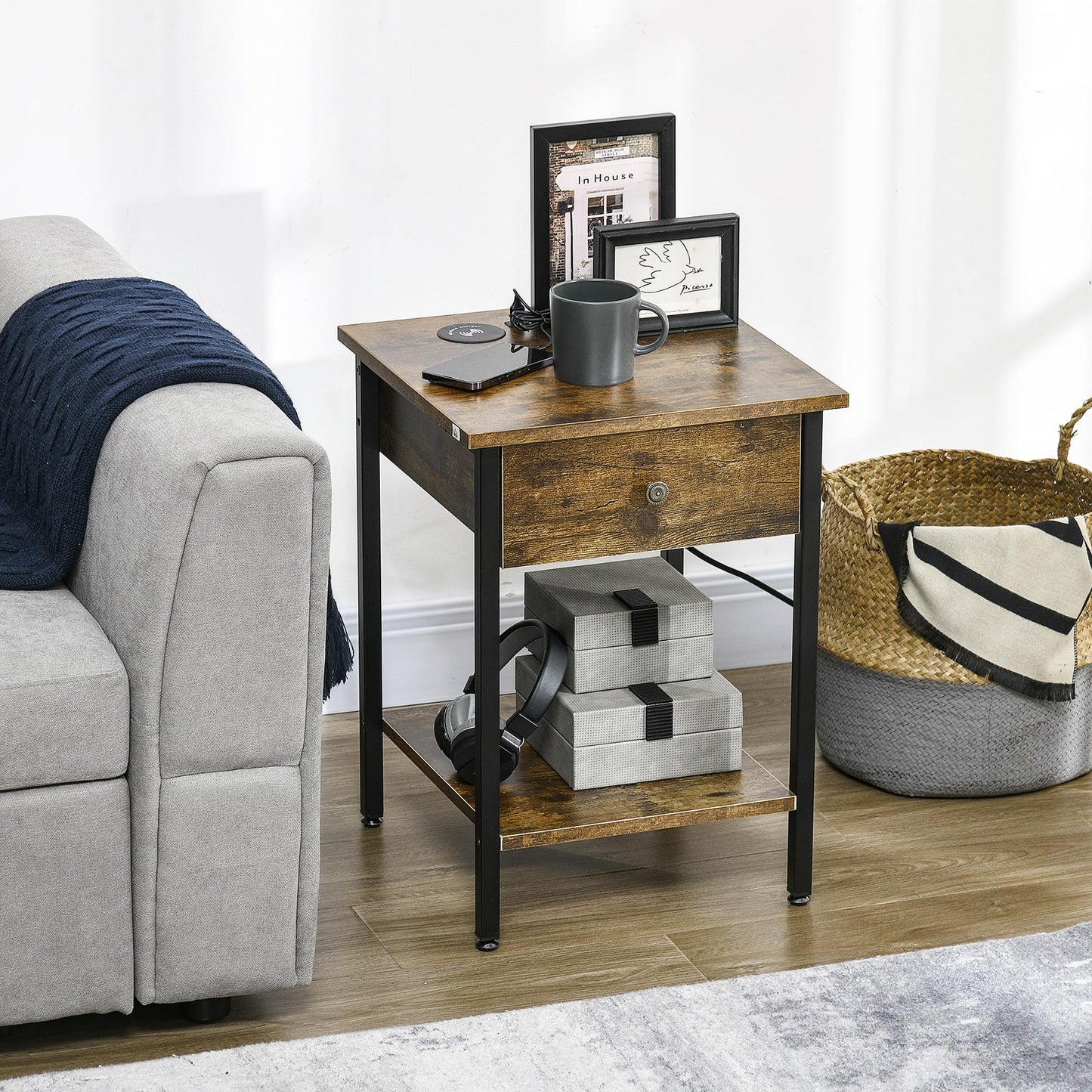 HOMCOM End Table with Wireless Charging Station and 2 USB Ports, Small Side Table with 2-Tier Storage, Drawer for Living Room, Bedroom, Rustic Brown - WoodArtSupply