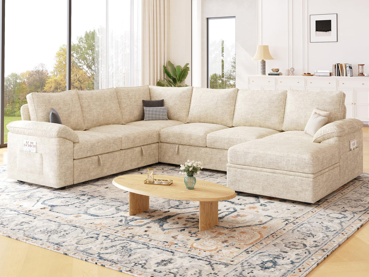 SUAWY 108 Inch Modular Sectional Sofa with Pull Out Bed,U Shaped 7 Seat Sectional Sleeper Sofa with Storage,Sectional Couches for Living Room,Cloud Modular Couch,Removable Sofa Cover,Beige SUAWY