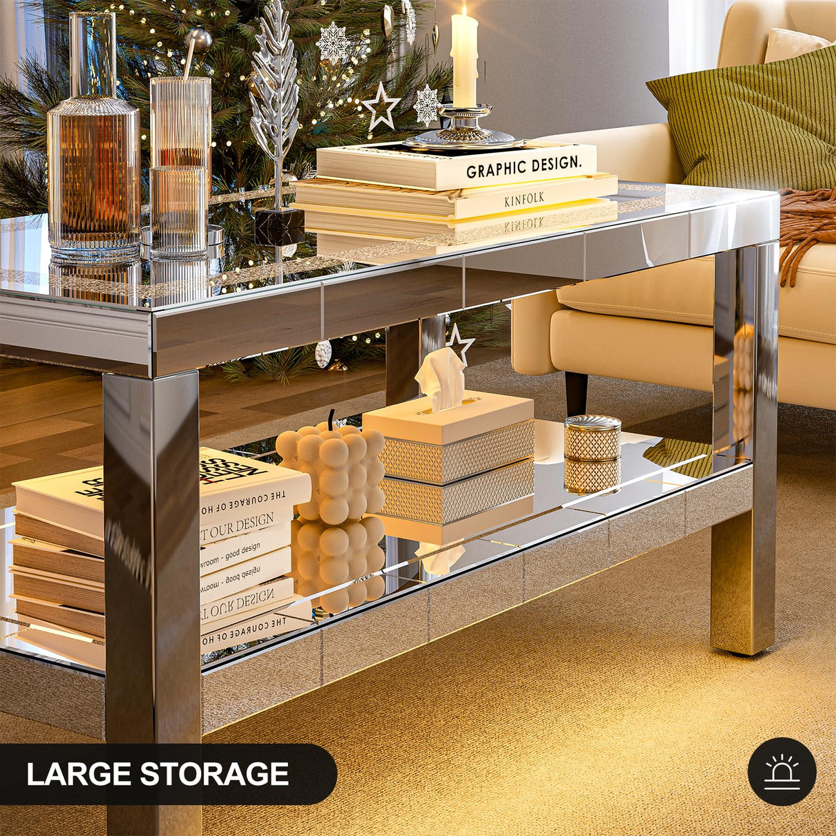 IKIFLY Mirrored 2 Tiers Coffee Table with LED, Rectangle Mirrored Coffee Table with Crushed Diamond and Stainless Steel Legs, Silver Living Room Table IKIFLY