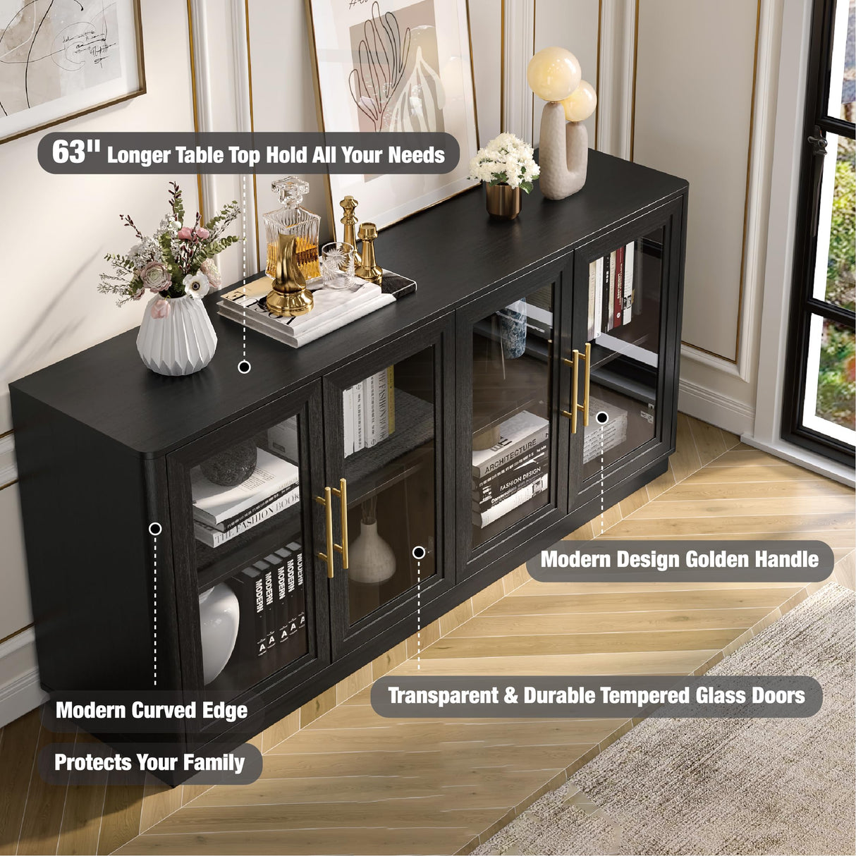 NEWOWNDS Buffet Cabinet with Storage,63" Large Sideboard Buffet Cabinet,Modern Sideboard Kitchen Cabinet with 4 Transparent Glass Doors,Credenza Coffee Bar Cabinet Buffet Table for Kitchen,Black NEWOWNDS