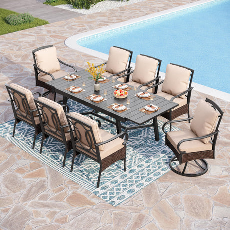 PHI VILLA Heavy Duty 9-Piece Patio Dining Sets, Expandable Outdoor Table and Chairs Set for 8, 8 Extra Large Dining Chairs(2 Swivel), Rectangular Metal Dining Table for Deck, Backyard and Garden PHI VILLA