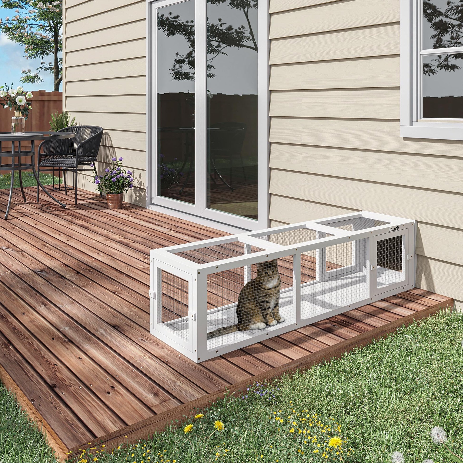 PawHut Outdoor Cat Tunnel with Extendable Design, 59" L Wooden Cat Run with Weather Protection, Connecting Inside and Outside, for Deck Patios, Balconies, White - WoodArtSupply