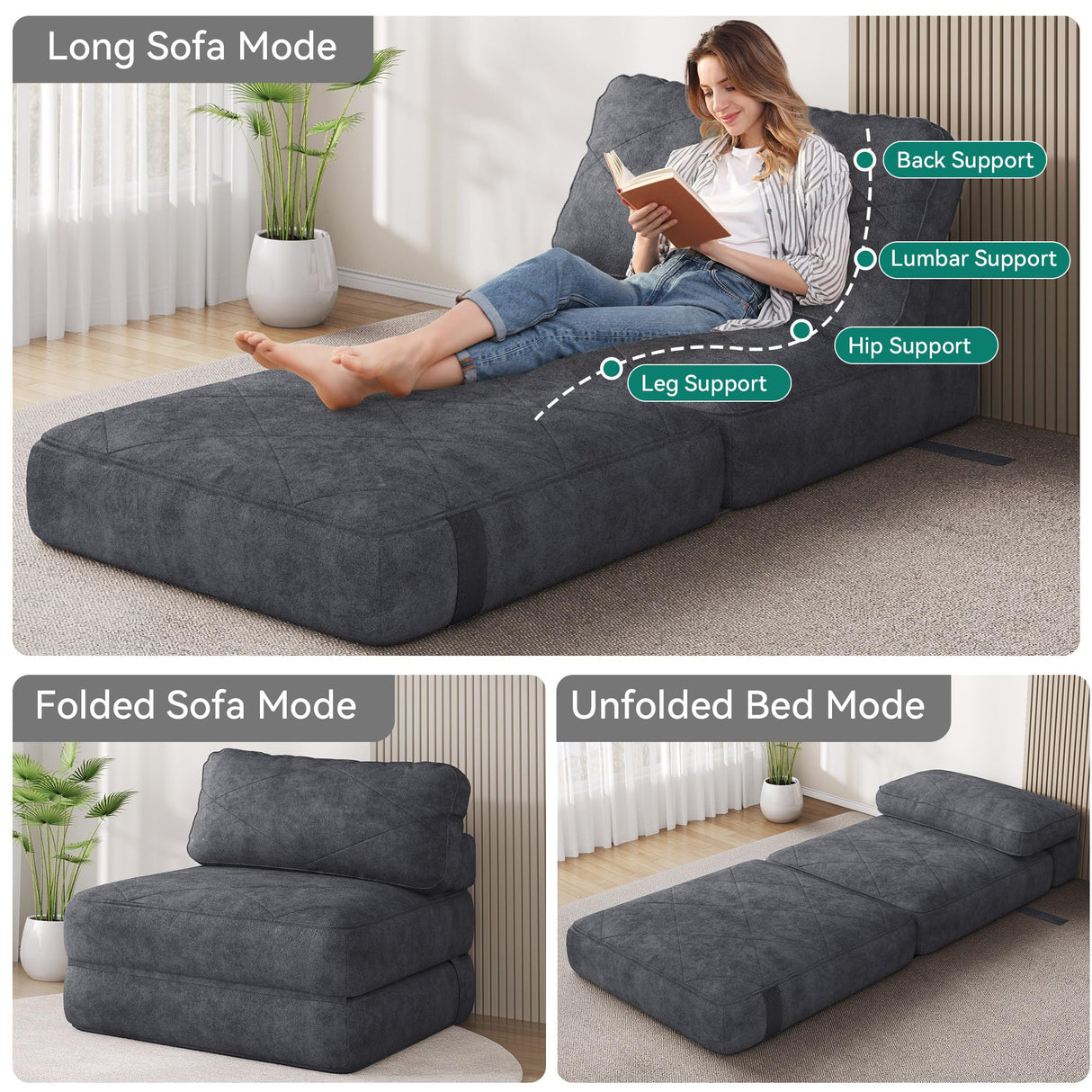 YITAHOME Folding Sofa Bed,New Upgrade Resilient Pocket Spring Cushion-Fold Out Chair Bed, Convertible Lazy Sleeper Chair with Back Support,Comfy Floor Sofa Lounge for Living Room, Bedroom, Dark Grey YITAHOME