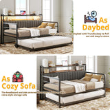 ANCTOR Daybed with Trundle, LED Lights and Charging Station, Full Size Daybed with 2-Tier Storage Shelves and Upholstered Headboard, Metal Sofa Bed Frame for Living Room, Bedroom, Black ANCTOR