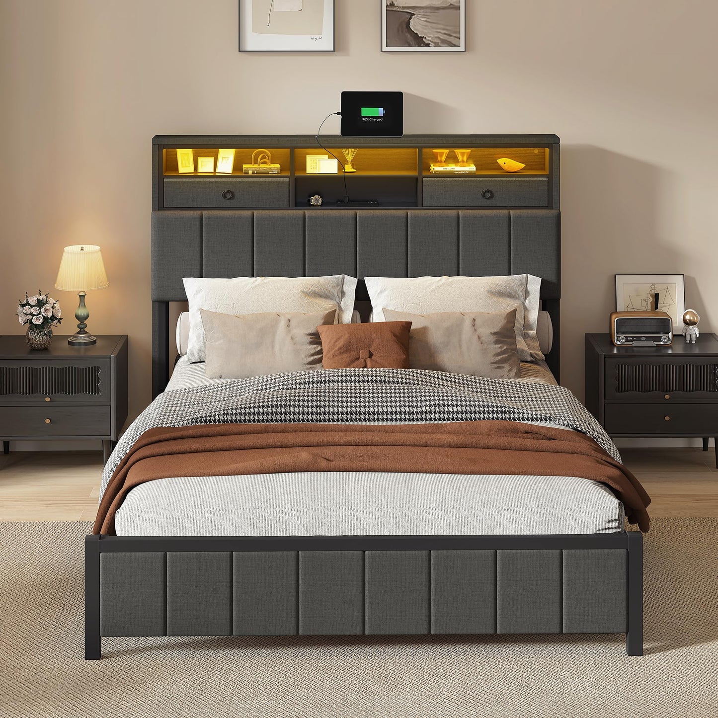 YITAHOME Full Size Bed Frame with Storage Headboard, LED Bed Frame with Drawers and Charging Station, Platform Bed with Sturdy Metal Support, No Box Spring Needed, Grey