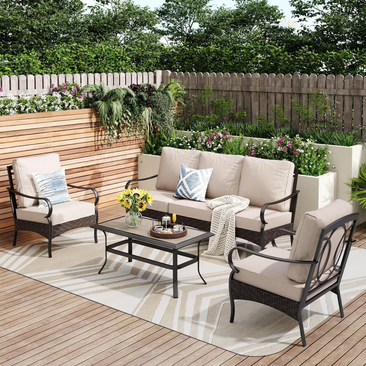 PHI VILLA Outdoor Modern Patio Furniture Set, Upgraded Wicker&Metal Patio Furniture Conversation Set with Waterproof Thick Cushions for Porch, Poolside, Deck, and Yard (4 Pieces,Beige) PHI VILLA