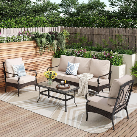 PHI VILLA Outdoor Modern Patio Furniture Set, Upgraded Wicker&Metal Patio Furniture Conversation Set with Waterproof Thick Cushions for Porch, Poolside, Deck, and Yard (4 Pieces,Beige) PHI VILLA