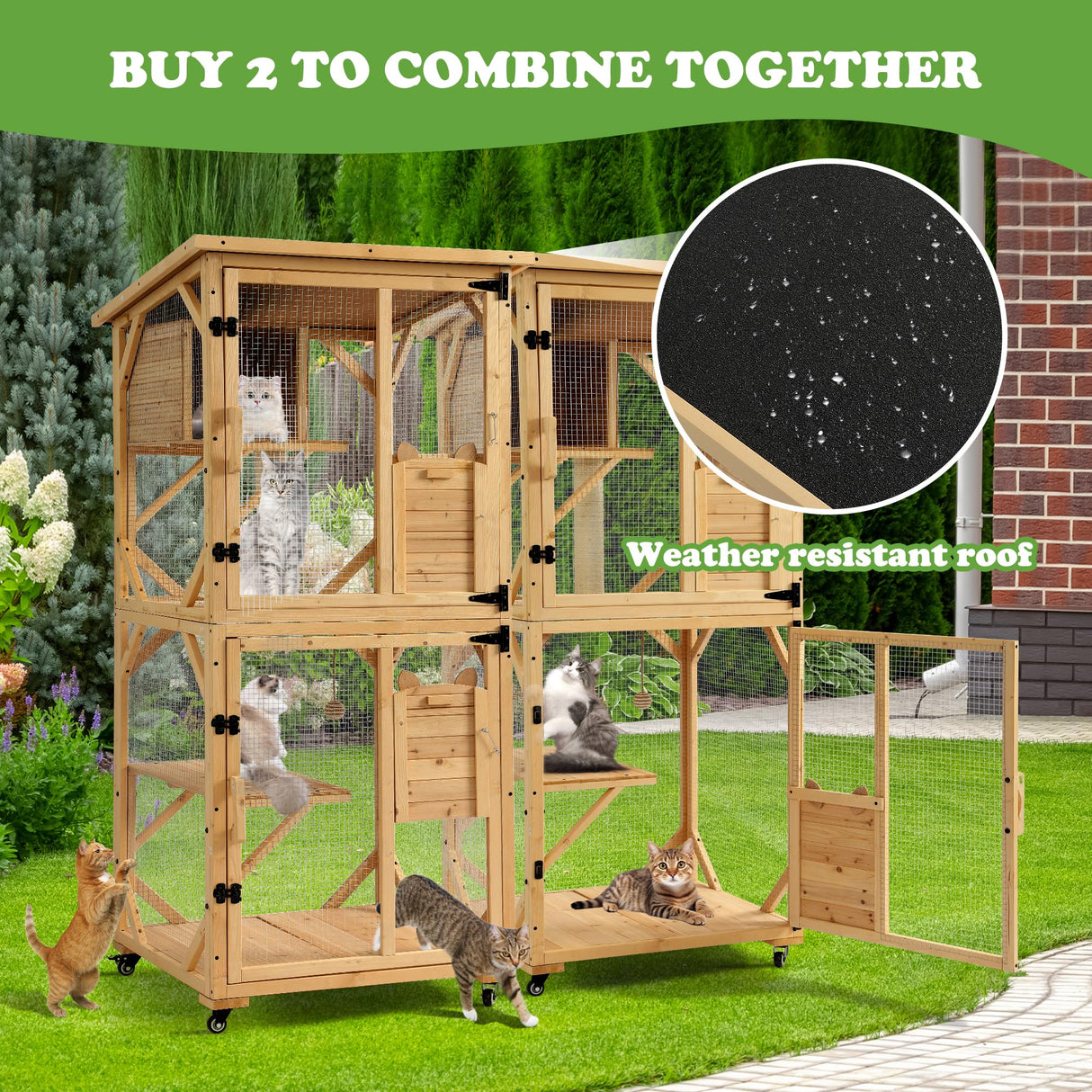 Grepatio Catio Outdoor Cat Enclosure, 4 Tiers Cat House with Waterproof Roof, Indoor Cat Cage with Wheels and Removable Floor, Large Outside Wood Cattio Kitty with Resting Box, Window Access (Natural) Grepatio