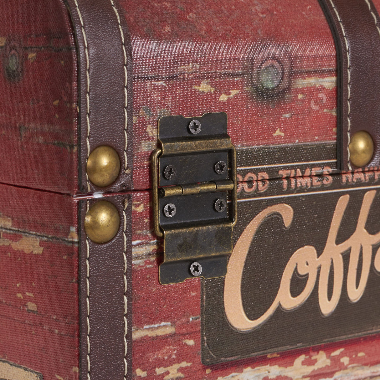 Household Essentials Medium Decorative Trunk, Coffee Shop Faux Decoupage, Antique Exterior, Leather and Metal Accents, Fabric Interior, Hinged Lid, Brown Household Essentials
