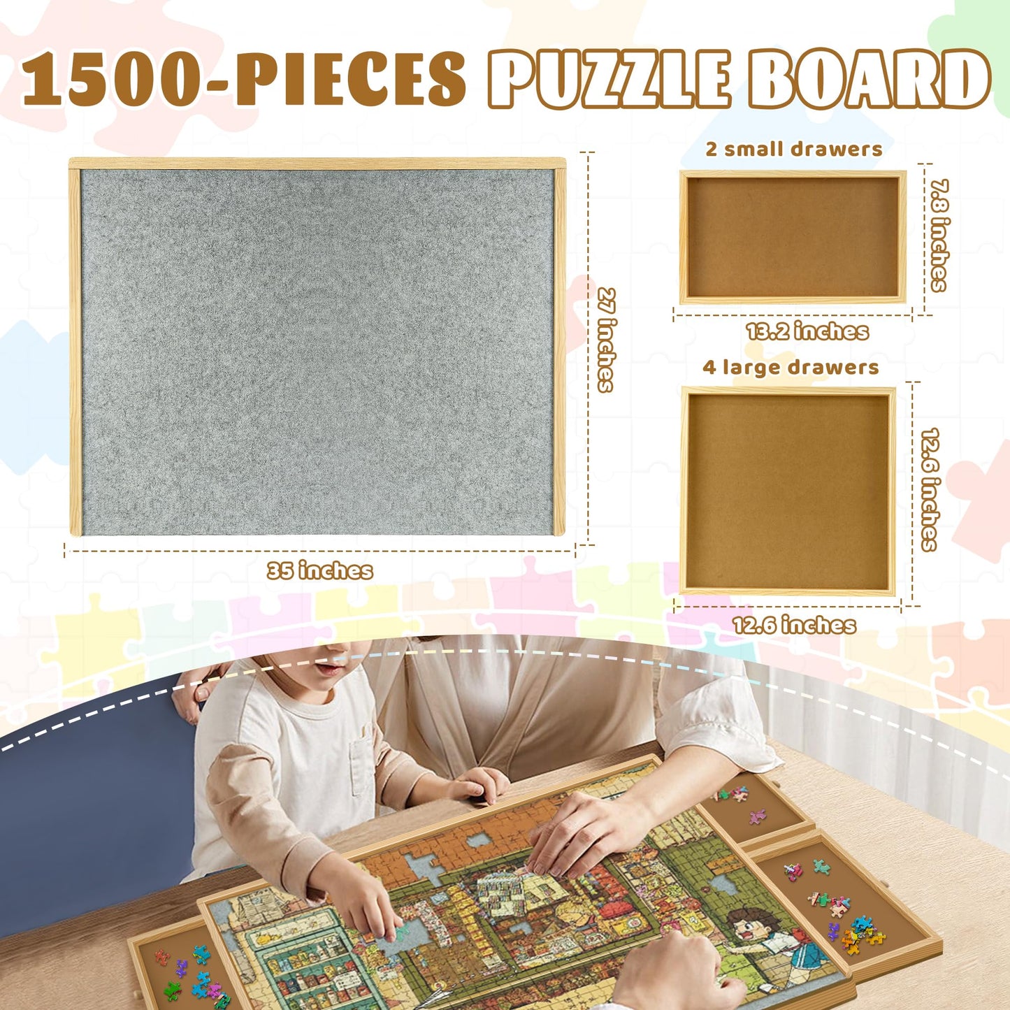 1500 Piece Rotating Puzzle Board with Drawers，35‘’×27’‘Wooden Felt Portable Puzzle Table，Spining Lazy Susan Design，Rotating Jigsaw Puzzle Table for Kids and Adults