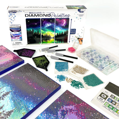 ArtSkills Diamond Painting Kit, Diamond Art Ready to Hang Framed Canvas with Storage and Accessory Kit, Northern Lights, 3 Stretched Canvas Panels, 14” x 7” Each ArtSkills