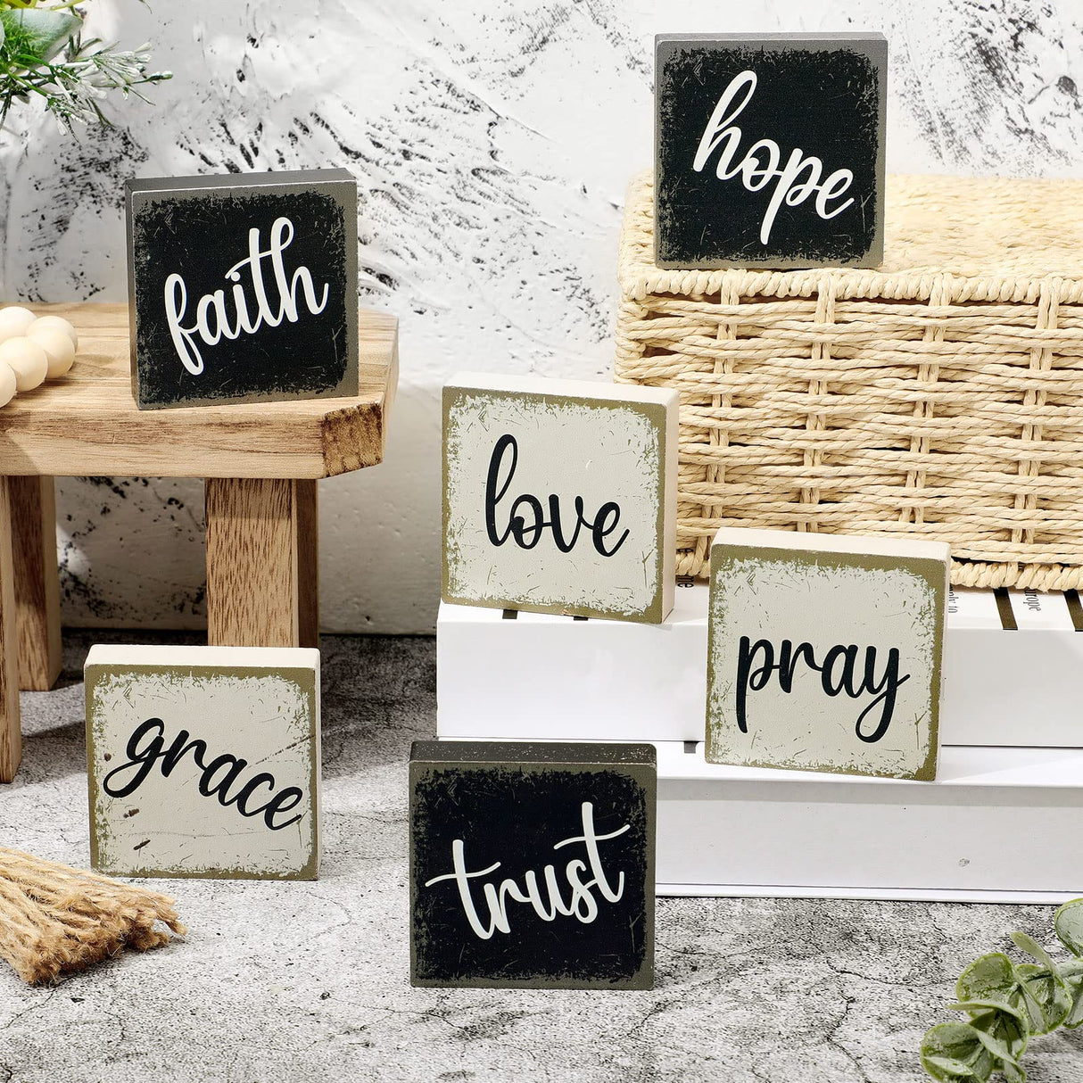 Qunclay 6 Pieces Farmhouse Tiered Tray Decor Inspirational Rustic Wood Sign Faith Love Hope Wooden Table Decorations Art Print Wooden Block Signs for Office Home Tabletop Bookshelf, 2.5 x 2.5 Inch Qunclay