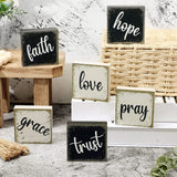 Qunclay 6 Pieces Farmhouse Tiered Tray Decor Inspirational Rustic Wood Sign Faith Love Hope Wooden Table Decorations Art Print Wooden Block Signs for Office Home Tabletop Bookshelf, 2.5 x 2.5 Inch Qunclay