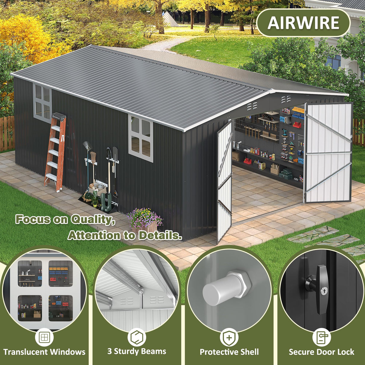 AirWire 12x16 FT Outdoor Storage Shed, Garden Shed with Updated Frame Structure and Lockable Doors, Metal Tool Sheds for Backyard Garden Patio Lawn, Black AirWire