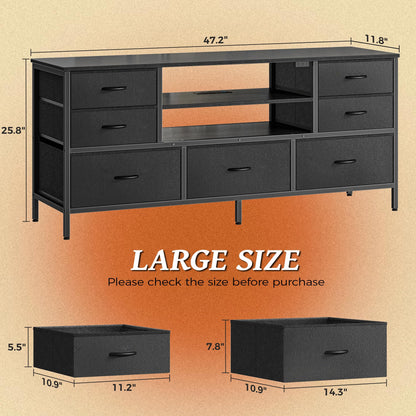 Huuger Dresser for Bedroom with Power Outlets and LED Lights, 7 Drawers TV Stand Dresser for 55 Inch TV, 47 Inches TV Console with Open Shelf, Wide Black Dresser, PU Leather, for Bedroom