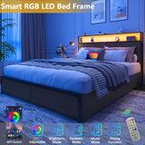 Lifezone Queen Bed Frame with 2-Tier Storage Headboard, Metal Platform Bed Frame with 4 Storage Drawers, Built in Charging Station & LED, Noise-Free/Metal Support/No Box Spring Needed, Rustic Grey Lifezone