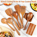 Mooues 9 Piece Natural Teak Wooden Kitchen Utensil Set with Spoon Rest - Comfort Grip Cooking Spoons and Utensils Holder Mooues