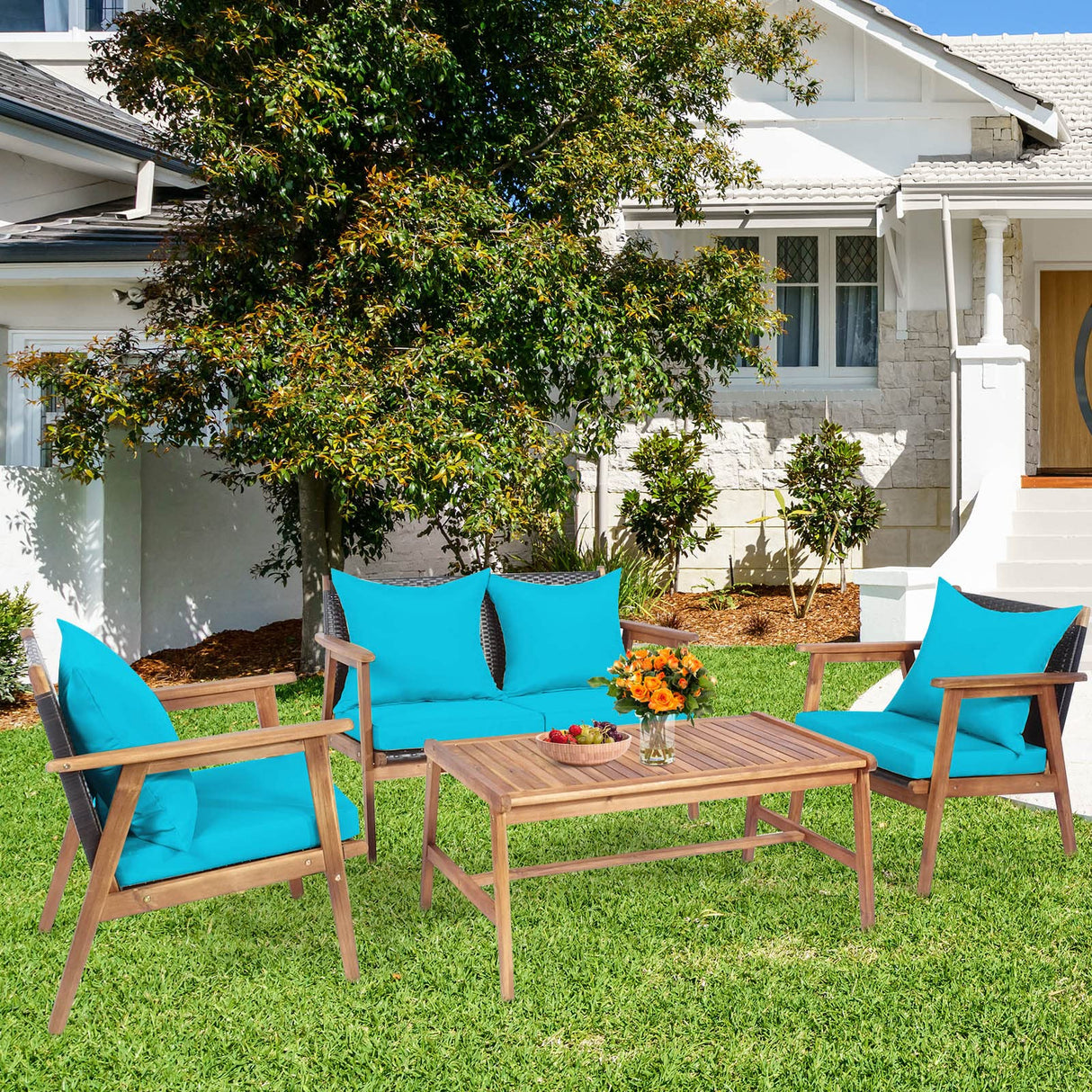 Tangkula 4-Piece Patio Furniture Set, Outdoor Acacia Wood Conversation Set with Cushions and Coffee Table, Outdoor PE Wicker Sectional Sofa Set for Garden, Poolside and Backyard (1, Turquoise) Tangkula