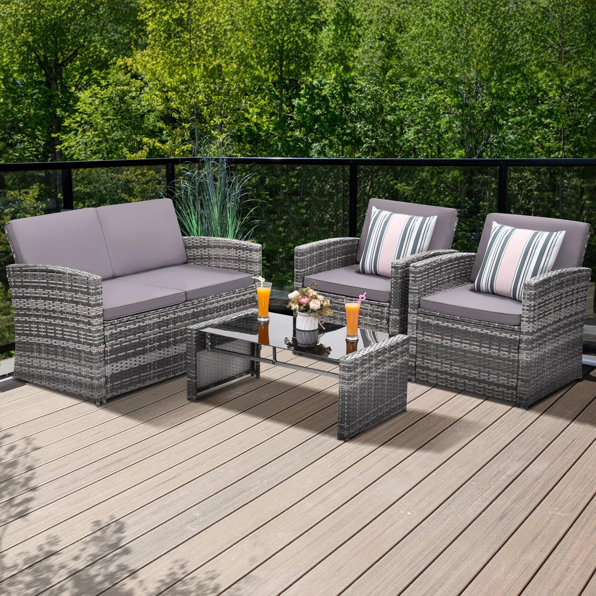 KROFEM 4 Pieces Patio Conversation Set, Outside Rattan Sectional Sofa, Cushioned Furniture Set, Wicker Sofa Ideal for Garden, Porch, Backyard, Grey Color Rattan and Light Grey Cushion KROFEM
