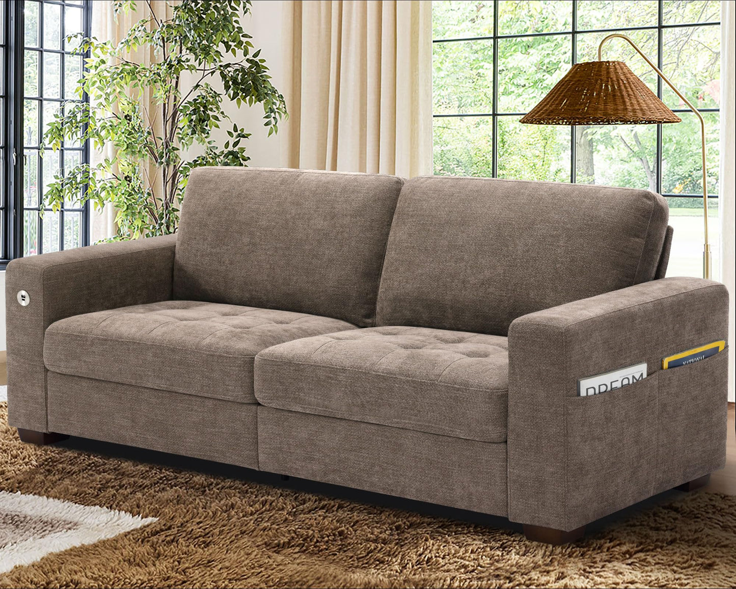 WorthFurni 89 Inch Sofa Couch, Modern 3 Seater Couch with Removable Covers and USB Ports, Large Chenille Comfy Sofa for Living Room, Oversized Loveseat Sofa for Apartment(Brown)