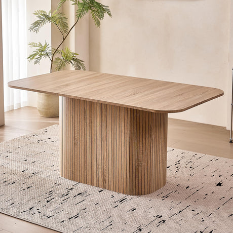Lecafur HL 63" Large Dining Table for 4 6 Person, [Rounded Corners] [Wood Strip Pedestal Base] Farmhouse Modern Rectangle Kitchen Dinner Table Lecafur HL