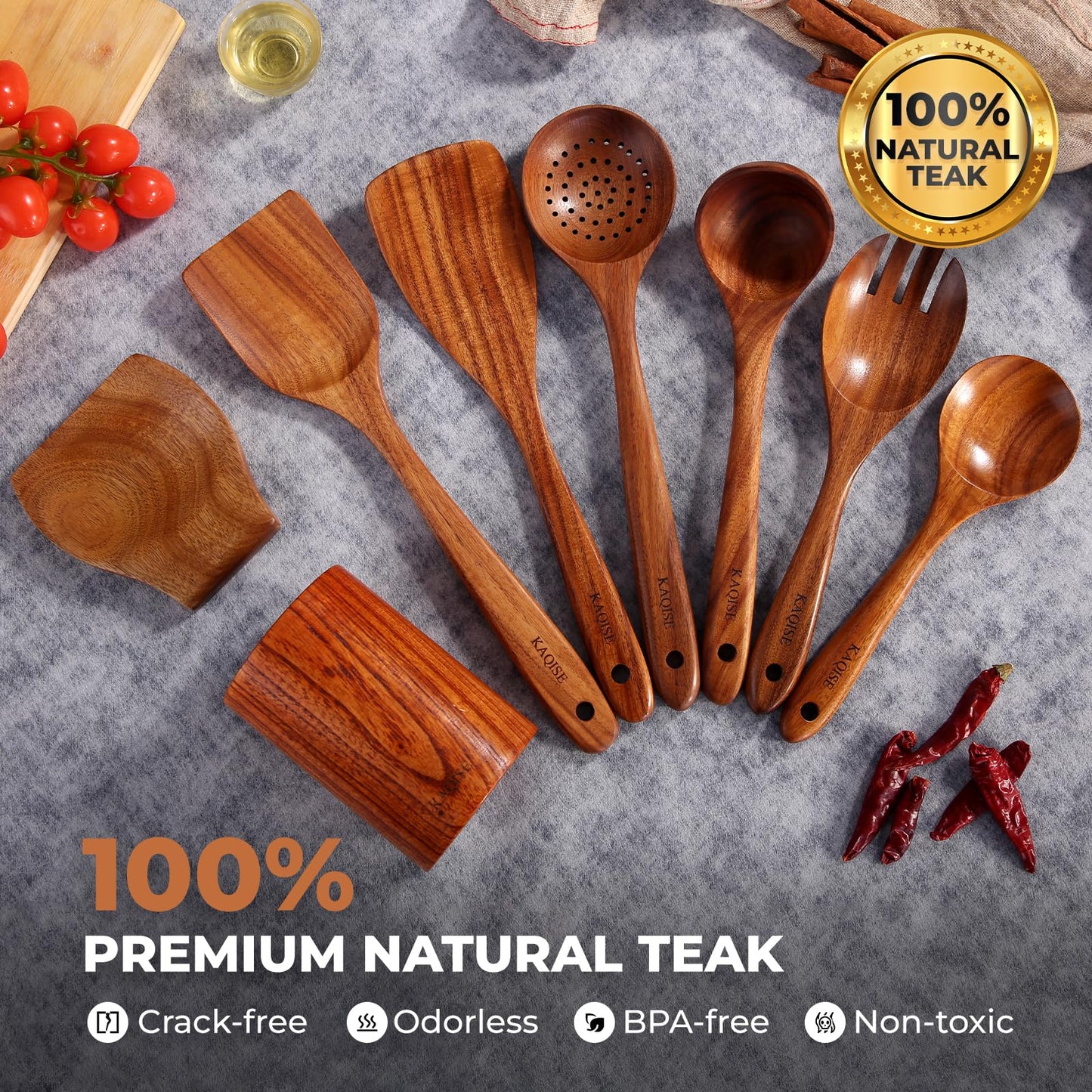 KAQISE Wooden Spoons for Cooking, Kitchen Essential Wooden Utensils Set, Teak Wood Cooking Utensils Set for Families（8 Pieces ）