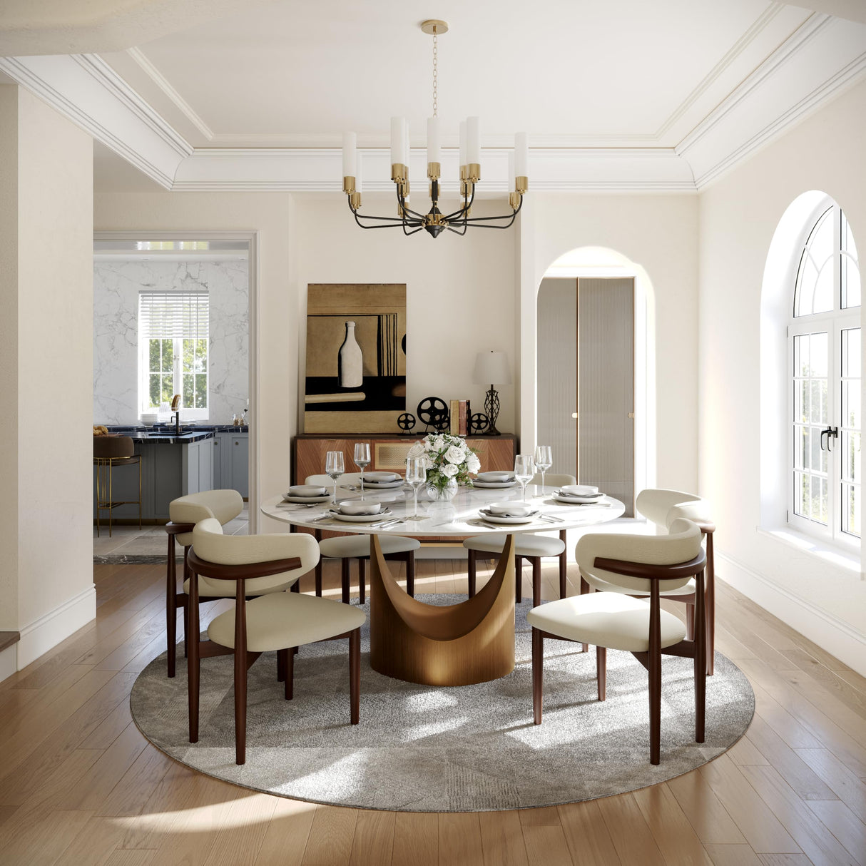 POVISON 59" Round Dining Table for 6, Glossy White Sintered Stone Dining Tabletop with Bronze Carbon Steel Pedestal, Modern Dining Room Table for Living Room, Kitchen (Table ONLY) POVISON