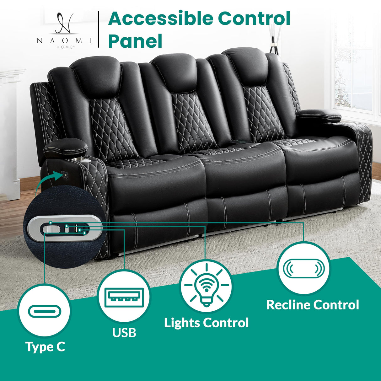 Naomi Home Chicago Sofa Black Air Leather – Premium 3-Seater Reclining Sofa with Console, Cup Holders, USB Ports, Pillow Top Armrests & Split Back Design – Modern Faux Leather Couch for Living Room Naomi Home