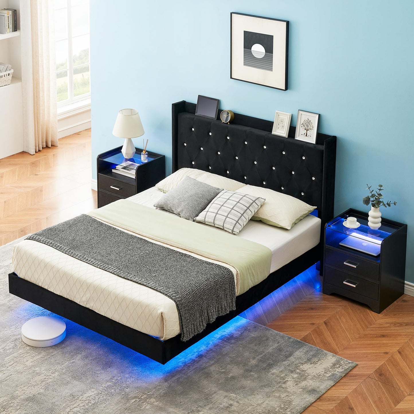 GarveeHome Modern Queen Size Floating Bed Frame with LED Lights and Wingback Storage Headboard - WoodArtSupply