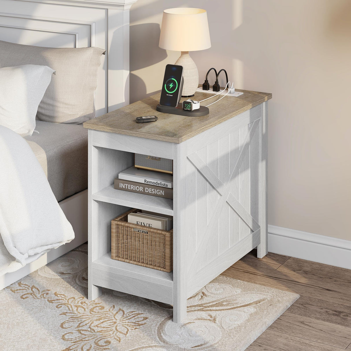 YITAHOME End Table with Charging Station, Narrow Side Table with Storage Shelf, Farmhouse Nightstand with Storage for Small Spaces, Living Room, Bedroom, Grey Wash YITAHOME