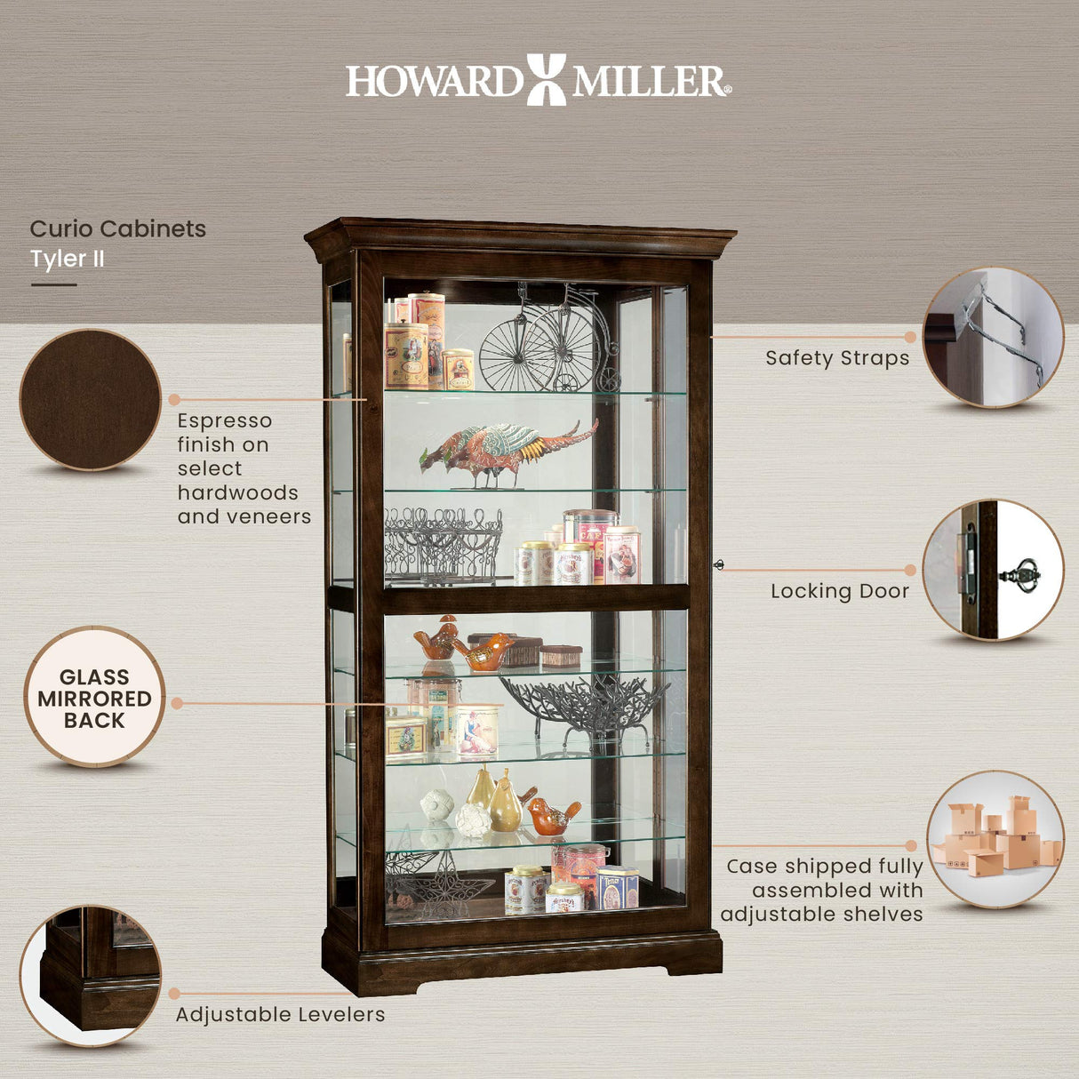 Howard Miller Tyler III Curio Cabinet II - Elegant Espresso Finish Home Décor Glass Display Cabinet with Lock, Sliding Glass Door - Storage Cabinet for Living Room, Bedroom or Dining Room Howard Miller