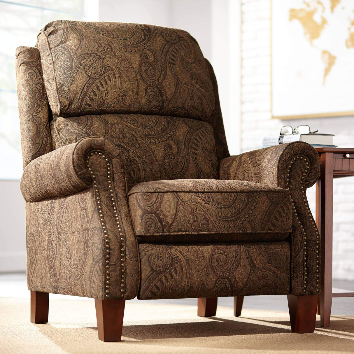 Kensington Hill Beaumont Warm Brown Paisley Patterned Recliner Chair Traditional Armchair Comfortable Push Manual Reclining Footrest Adjustable for Bedroom Living Room Reading Home Relax Office Kensington Hill