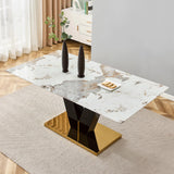 gopop Marble Dining Table,Modern Dining Room Table with Golden Stainless Steel Base.Marble Kitchen Table for 8 People,71'' Gold Dining Table Ideal for Living Room Home Office gopop