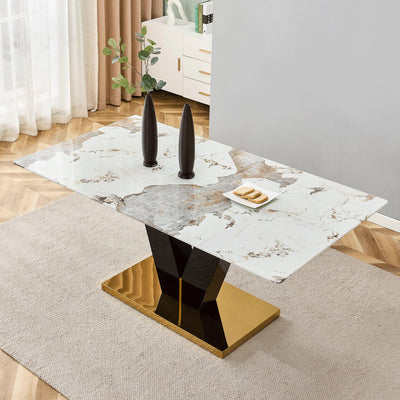 gopop Marble Dining Table,Modern Dining Room Table with Golden Stainless Steel Base.Marble Kitchen Table for 8 People,71'' Gold Dining Table Ideal for Living Room Home Office