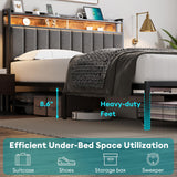 Full Bed Frame with Storage, Upholstered Bed Frame with LED Lights Headboard and 2 Drawers, Full Size Bed Frame with Charging Station, Noise-Free, No Box Spring Needed, Easy Assembly, Grey stasado