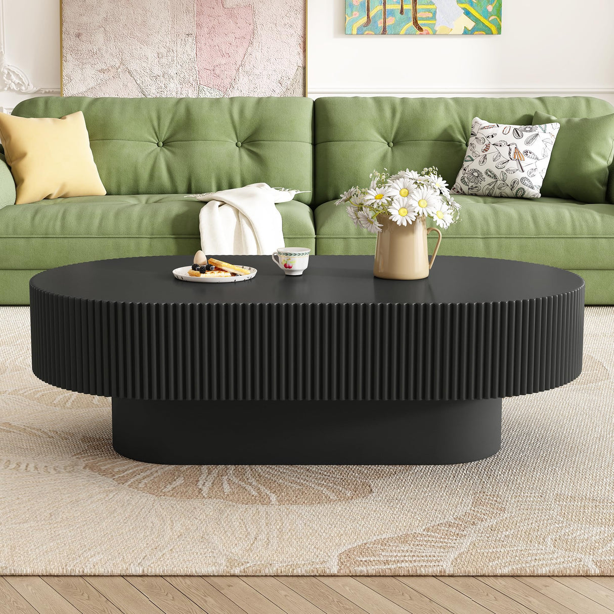 Merax Modern Oval Coffee Table with Sturdy Base, Wood Minimalist Fluted Center Tables for Living Room Reception Room, Easy Assemble,Black Merax