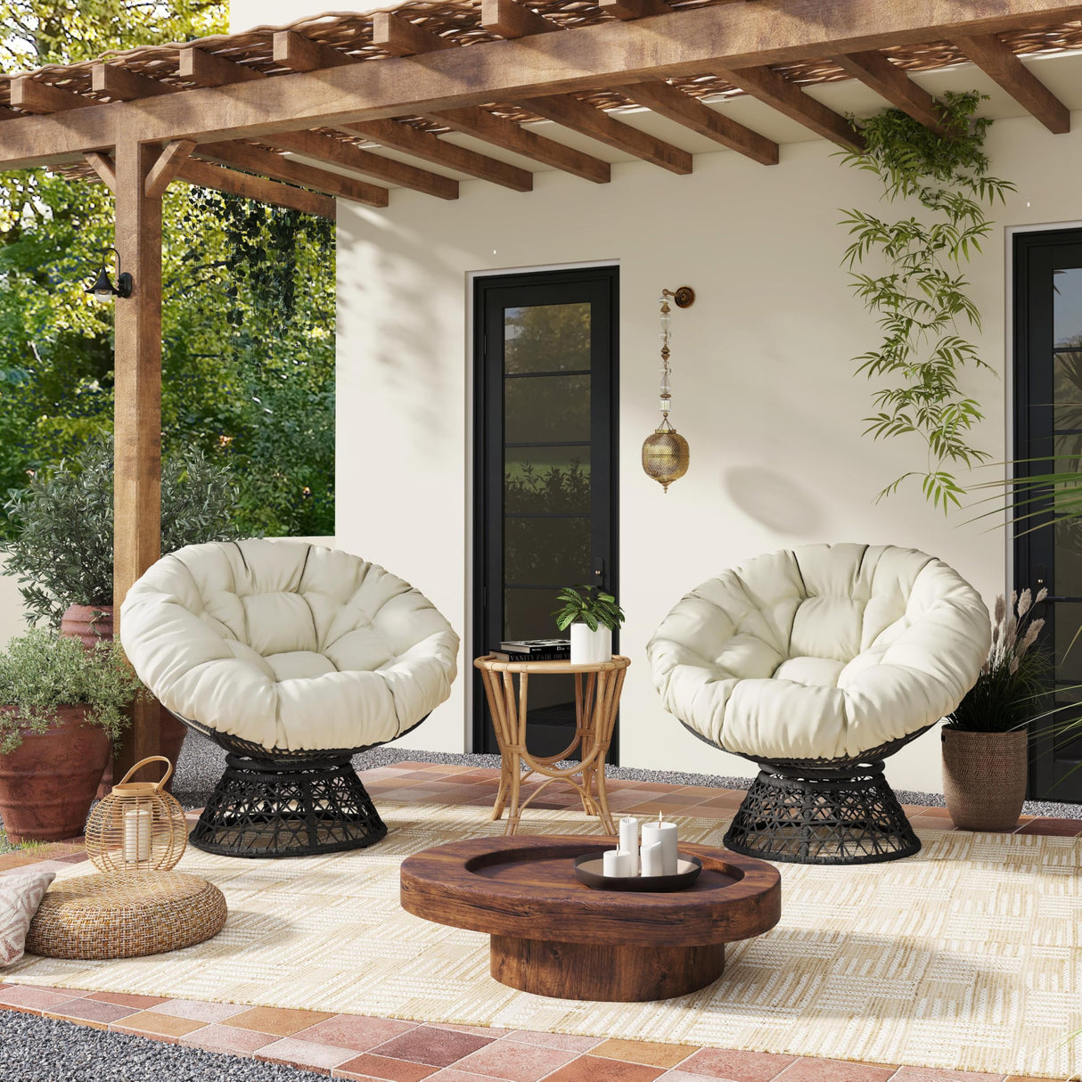 Yaheetech Indoor Papasan Chairs with Thick Tufted Cushions and Frame, Swivel Wicker Ergonomic Lounge Reading Chairs for Living Room/Bedroom, Beige Yaheetech